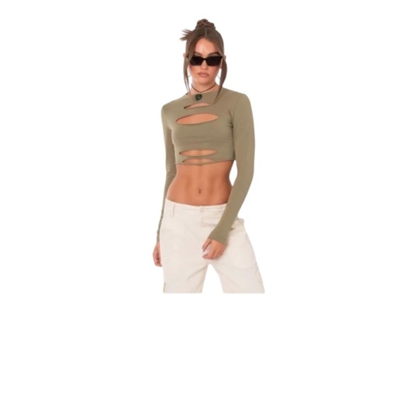 Edikted Tops - Edikted Green Mandarin Collar Cut-Out Bodysuit